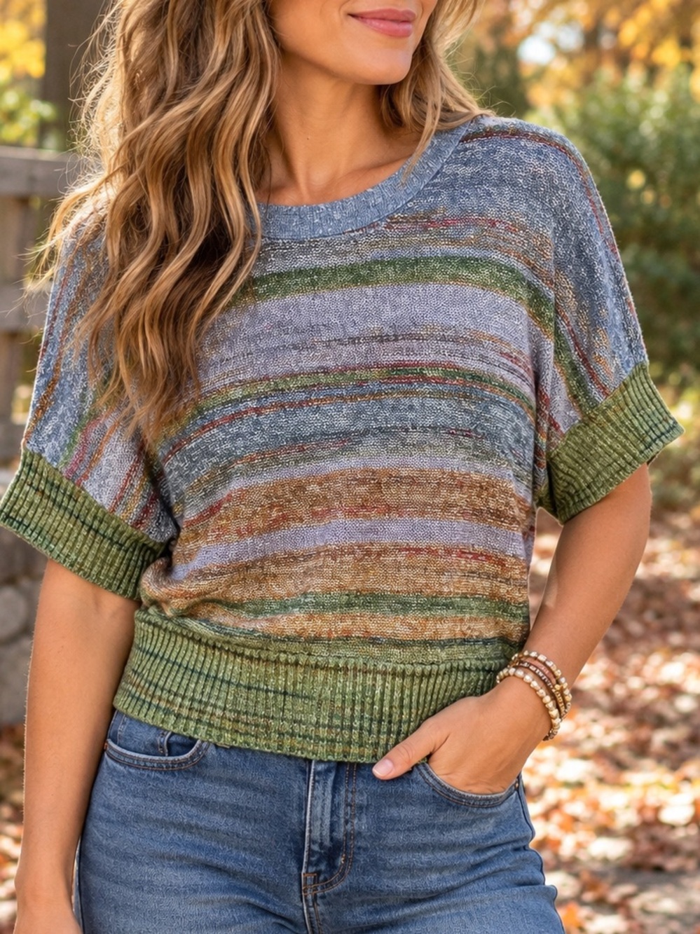 Leo & Nicole Petite Small Multicolor Striped Dolman Sleeve Knit Sweater Top